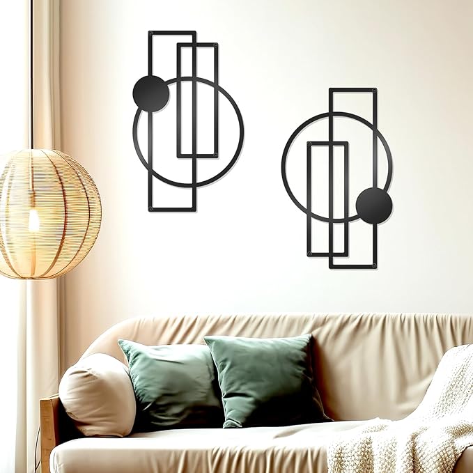 OYEFLY 2 Pcs Metal Abstract Wall Art,Modern Geometric Decor (Black, style 1)