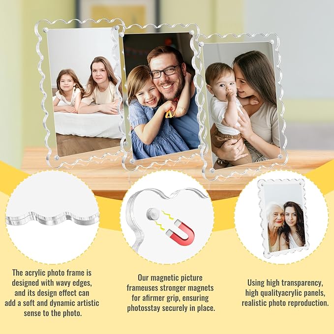 Acrylic Picture Frames 3 Pack 5x7 Scalloped with Detachable Brackets, Vertical and Horizontal Tabletop Display, Clear Magnetic Photo Frames for Home/Party/Wedding