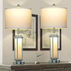 Farmhouse Table Lamps for Living Room, 27" Vintage Rustic Beside Lamp Set of 2 with USB A+C Charging Ports & AC Outlet, Retro Nightstand Lamp with Fabric Shade for Bedroom Entryway(4 Bulbs Included)