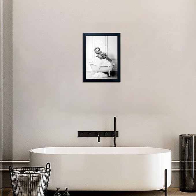 Framed Elephant Wall Art Black and White Bathroom Wall Decor Funny Animal Canvas Print Artworks for Bathroom