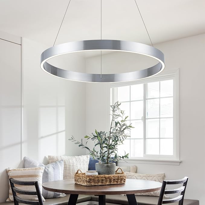 Modern Led Chandelier, 1 Ring Circular Pendant Lights, 23.62" Dining Room Modern Chandelier for Foyer Kitchen Living Room Bedroom Hallway 3000K, Silver Color