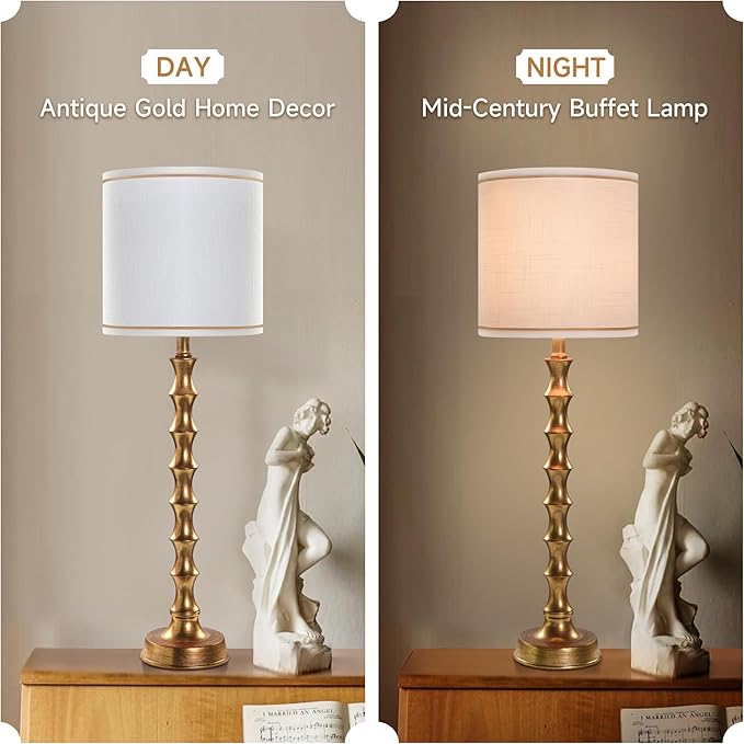 30.5" Buffet Lamps Set of 2 for Living Room, Buffet Lamps for Dining Room, Gold Lamp Set of 2 for Credenza, Modern Golden Table Lamp Tall Skinny, Gold Bamboo Candlestick Lampset for Bedroom