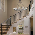 Black Wagon Wheel Chandelier, 48 Inch Black Chandeliers with Unique Glass Shade, 12-Light Crystal Large Wagon Wheel Chandeliers for Dining Room, High Ceiling Round Chandelier for Living Room, Foyer