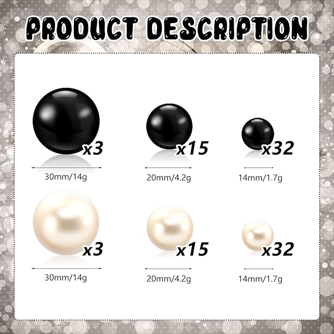 100PCS Black White Faux Pearls Beads for Centerpiece Vases, Vase Filler Faux Pearls, No Holes Filler Beads for Party Anniversary Birthday Wedding Table Decor, 14/20/30mm