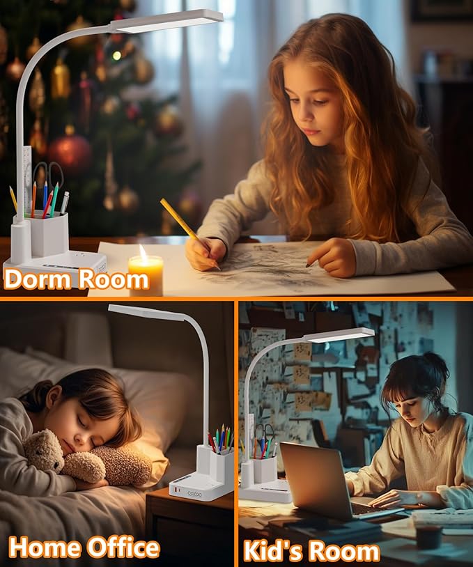 Desk Lamp, LED Desk Lamps for Home Office with 2 USB Charging Port/Outlet/Organizer,Desk Lamp for College Dorm Eye-Caring Study Light,Gooseneck Table Lamp with Pen Holders/Storage,9 Lighting Modes