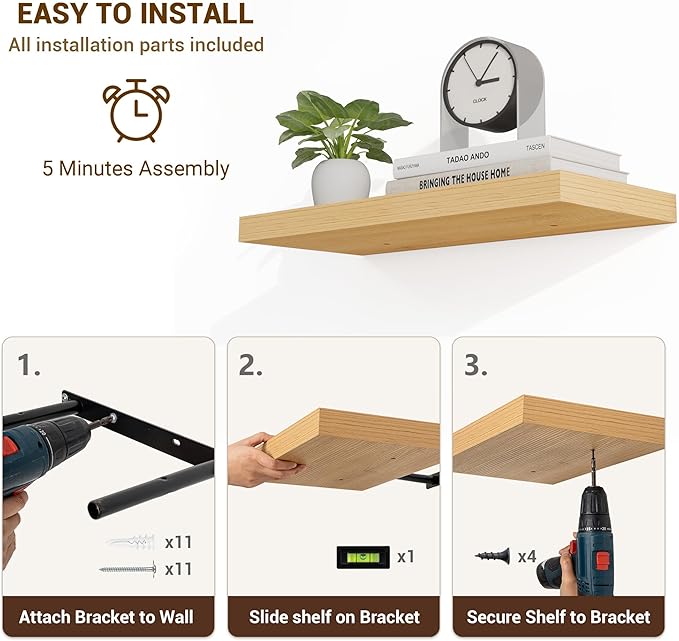 55 Inch Floating Shelves, 3D Textured Wood Grain, 55"x9.25"x1.5" Inch Deep Floating Shelves for Wall, Wooden Shelves for Bathroom, Bedroom, Living Room, Natural