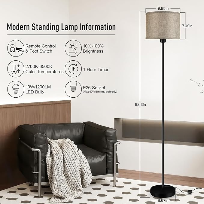 Floor Lamps for Living Room, Stepless Dimmable Floor Lamp with Remote, 2700K-6500K Colors Temperature & Brightness Adjustable,10W/1200LM Jute LED Floor Lamp, Modern Standing Lamp for Bedroom/Office