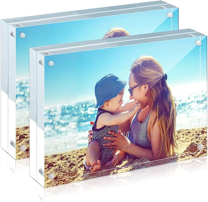 HELPLEX Acrylic Frames, 2 Pack 4x6, 20mm Thicker Frameless Clear Frame, Double Sided Magnetic, Free Standing Desktop Display
