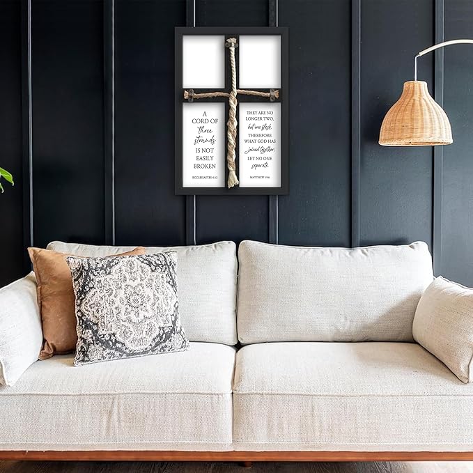 flowtorely A Cord of Three Strands Wedding Ceremony Unity Wall Decor 15"X10" Matthew 19 6 Christian Marriage Prayer Cross Sign Framed Wall Hanging Art (Black)