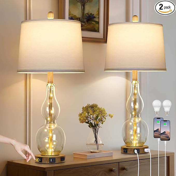 27.5" Clear Glass Table Lamp Set of 2 with Night Light,Bedside Lamps with USB Ports and AC Outlet, Modern Nightstand Lamps Retro Farmhouse lamp for Bedroom Living Room