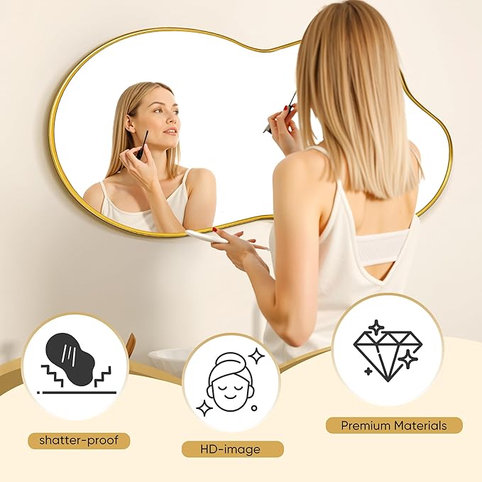 Suidia Irregular Wall Mirror, 55"x28" Bathroom Mirror Asymmetrical Mirrors Artistic Mirrors Decorative for Living Room Bedroom Bathroom Hallway Entryway, Gold, Cloud Style