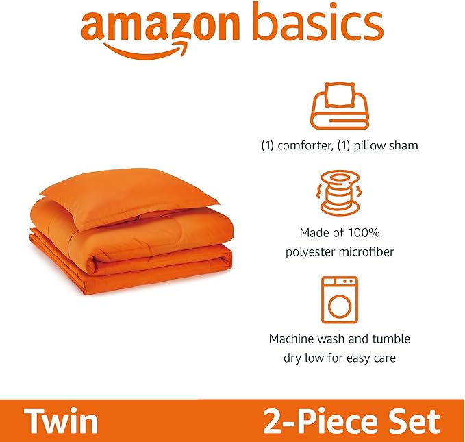Amazon Basics 2 Piece Soft Microfiber Kids' Comforter and Pillow Sham Set, Twin, Bright Orange, Solid