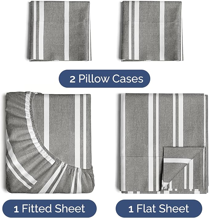 Twin Sheets Set 4 Piece - Includes 2 Pillowcases - Bed Sheets Twin Size - Soft Hotel Luxury Bedding - Cooling, Comfy & Breathable - 1 Flat & 1 Fitted & 2 Pillowcases w/ Deep Pockets - Grey Stripes