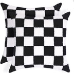 Alysheer Checkered Embroidered Decorative Throw Pillow Covers 18"x 18" Set of 2, Farmhouse Cottage Black White Plaid Tufted Patterned Cotton Canvas Cushion Case for Sofa Couch Bed Living Room