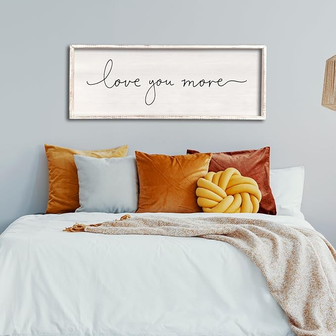 Love You More Sign 40''×15'' Master Bedroom Above Over Bed Wall Decor Modern Farmhouse Large Vintage Wood Framed Hanging Over Bed Bedside Wall Art (White)