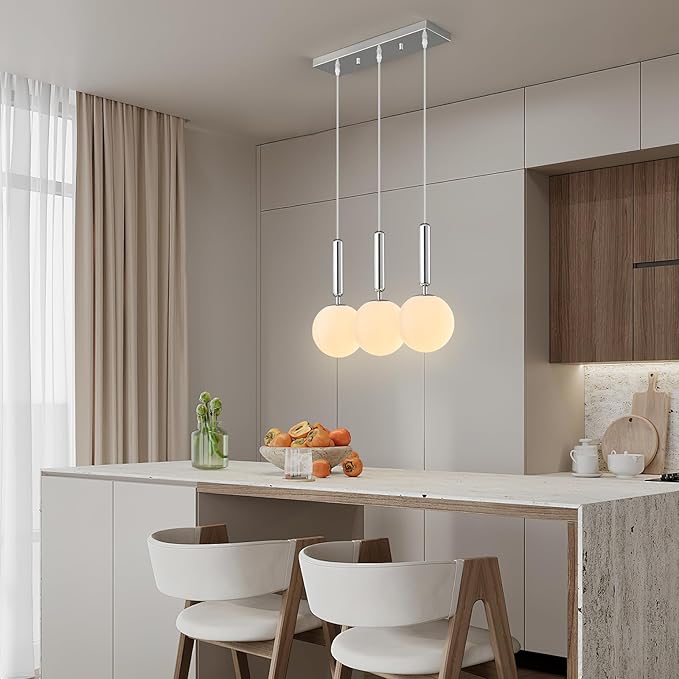 Modern Chrome Pendant Lights Kitchen Island Mid Century with Globe Pendant Light Milk White Glass Pendant Lighting for Living Room Bedroom Entryway (3 Lights)