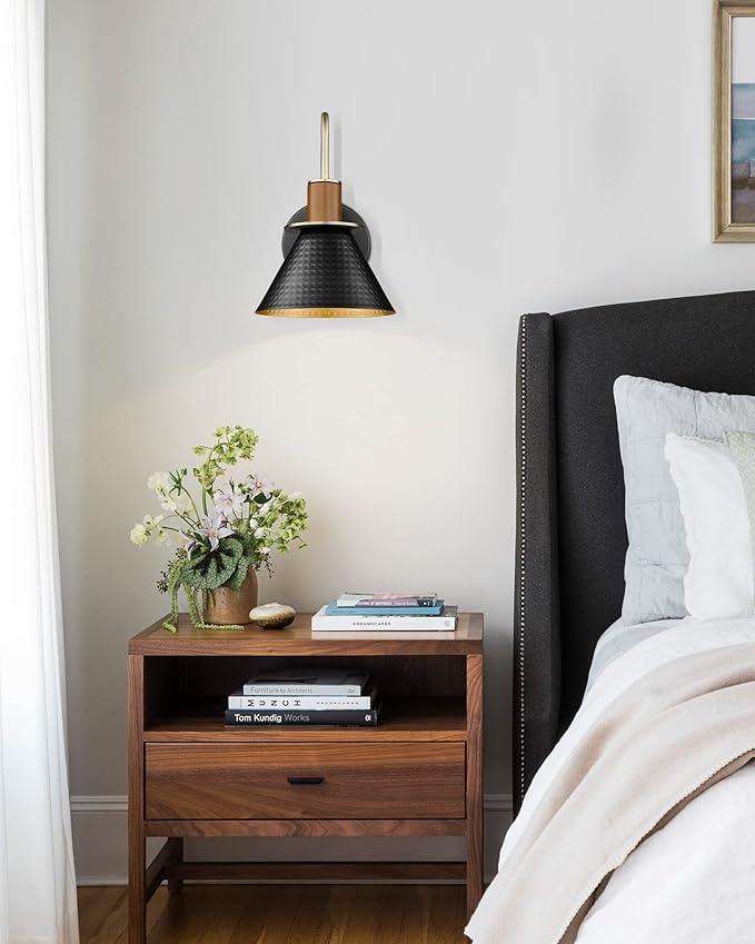 Black and Gold Wall Sconces, HWH Industrial Sconces Wall Lighting Indoor Vanity Barn Light Fixture, Gooseneck Wall Lamp for Bathroom Bedside Bedroom Kitchen, Hammered Metal Shade, 5HZG74B-L BK+BG