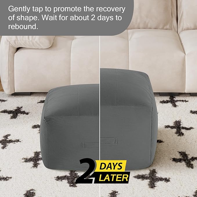 MeMoreCool Square Stuffed Pouf Ottoman Foot Rest, Floor Pouf Foot Stool with Foam Chunk Filling, Soft Stuffed Ottoman Footrest for Living Room, Dark Grey