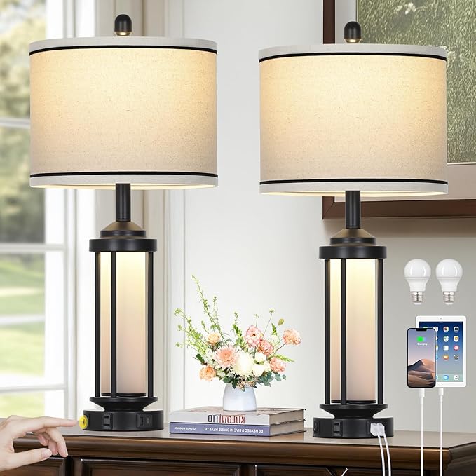 Table Lamps for Living Room Set of 2, Black Farmhouse Rustic Industrial Table Lamp with USB A+C Charging Ports & AC Outlet, 27" Modern Table Lamps with LED Night Light & Linen Fabric Lampshade