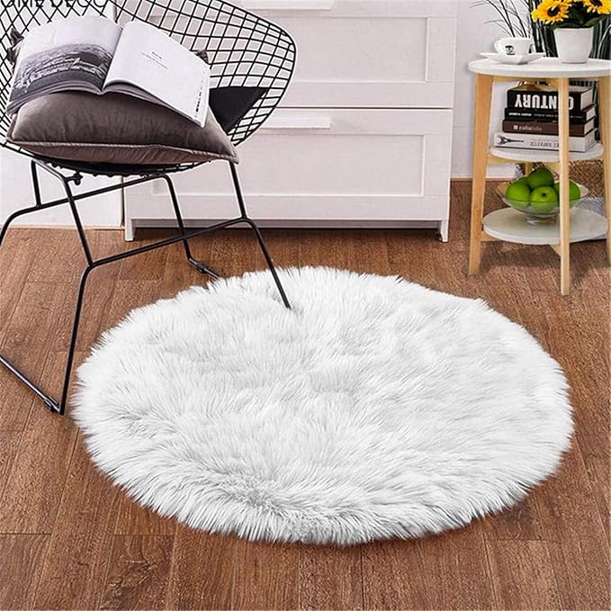 Goolela White Round Rug 3ft Fluffy Faux Sheepskin Fur Rug Small Circle Fuzzy Furry Rug for Bedroom Dorm Plush Washable Carpet
