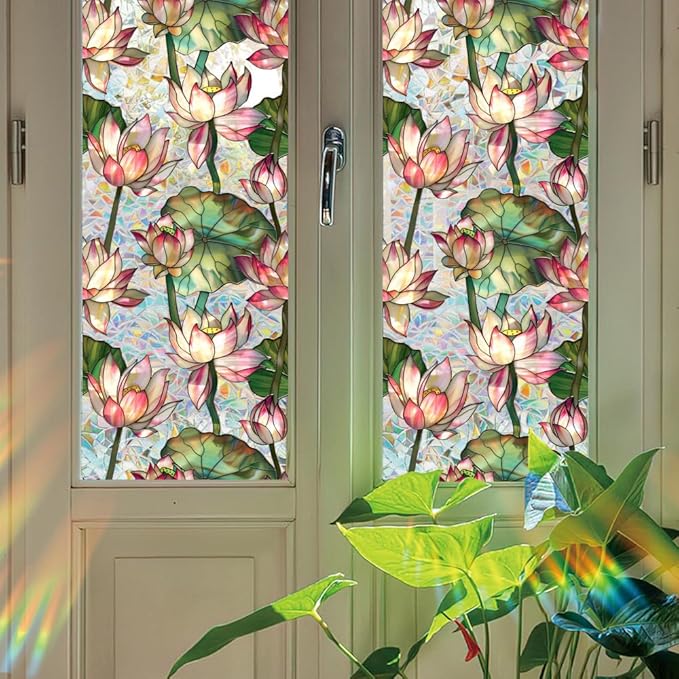 Window Film, Stain Lotus Flower Glass Film Rainbow Floral Static Glass Window Clings Stickers for Home Office Living Room Bedroom Windows Door Decor 16.93 x 39.37 Inches