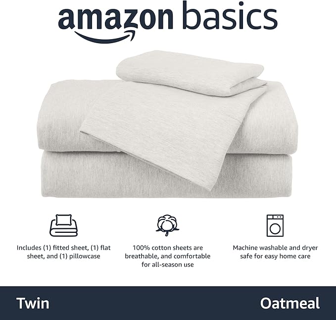 Amazon Basics 3 Piece Bed Sheet Set, 100% Cotton Jersey, Includes Super Soft, Flat and Fitted Sheets, Pillowcase, Twin, Oatmeal, Solid