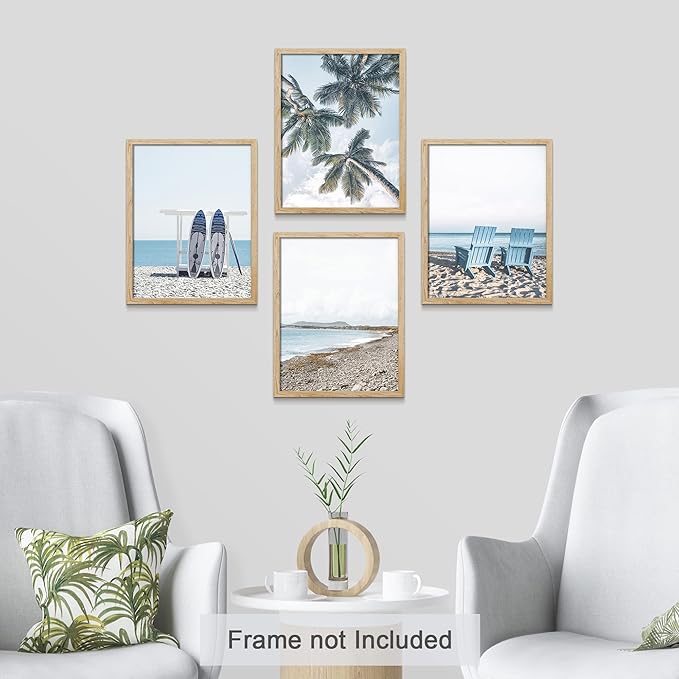 SIGNWIN Poster Bathroom Decor 8"x10"x 4, Wall Art Room Decor Multicolor for Living Room, Bedroom, Office White Surfboard Tropical Palm Tree Beach Shore Nature Wilderness Realism Landscape Colorful