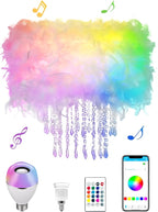 Star Vision Feather Lamp with Smart Light Bulb, Bluetooth Speaker & APP Control, Dimmable RGB LED Light, Acrylic Crystal Droplets, 15.7inches, White