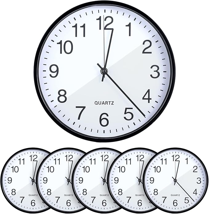 Batiyeer 6 Pcs 6 Pcs Silent Wall Clock Bulk 10 Inch Non Ticking Modern Wall Clocks Battery Operated for Classroom Home Office Kitchen School Living Room Decor (Black)