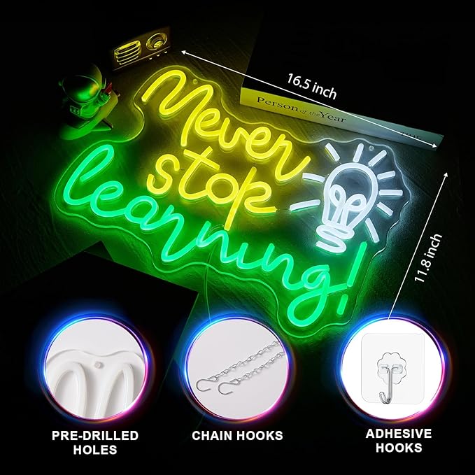 Never Stop Learning Neon Signs for Wall Decor Inspirational Letter Neon Lights Sign USB Powered Dimmable LED Personalized Neon Sign for Office Room, Gym Room, Man Cave, Gamer Room