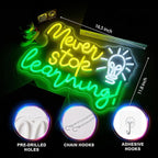 Never Stop Learning Neon Signs for Wall Decor Inspirational Letter Neon Lights Sign USB Powered Dimmable LED Personalized Neon Sign for Office Room, Gym Room, Man Cave, Gamer Room