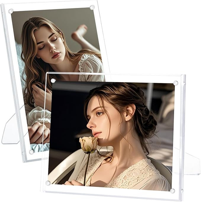 Egofine 4x6 Acrylic Picture Frames Set of 2, Clear Picture Frames with Stand, Magnetic Acrylic Photo Frames for Tabletop Display Horizontally or Vertically