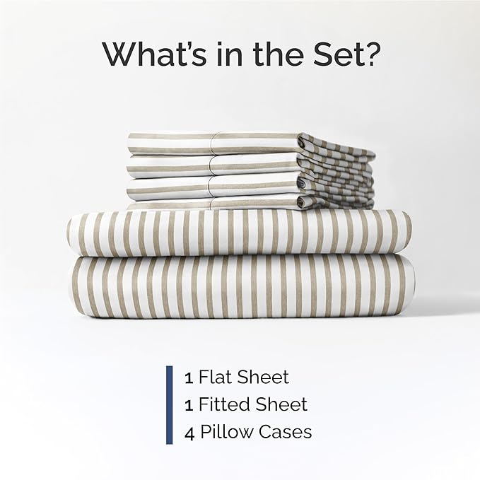 Full Sheets Set 6 Piece - Includes 4 Pillowcases - Bed Sheets Full Size - Soft Hotel Luxury Bedding - Cooling, Comfy & Breathable - 1 Flat & 1 Fitted & 4 Pillowcases w/ Deep Pockets - Beige Stripes