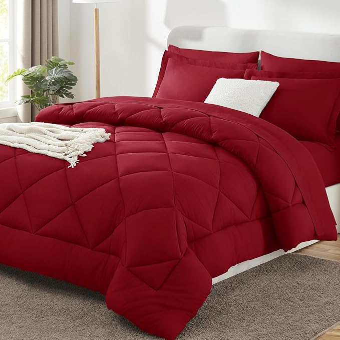 CozyLux Full Size Comforter Sets Dark Red - 7 Pieces Bed in a Bag Full, Luxury Soft Bed Set for All Seasons, Bedding Set with Down Alternative Comforter, Sheets, Pillowcases & Shams