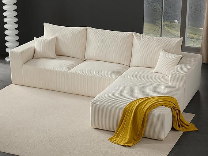 Boneless Sectional Cloud Couch Sofa for Living Room, 112" L-Shaped Modular Modern Lounge Sleeper Beige Couches with Chaise, No Assemble, Cordury Compression Upholstered Sofas