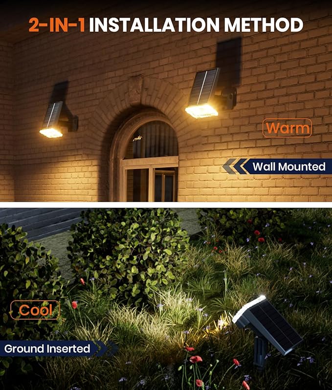 Solar Spot Lights Outdoor,Adjustable Warm&Cool,IP67 Waterproof,3 Color+3 Modes,2-in-1 Wall Lights Solar Powered Spotlights for Pathway/Garden/Yard/Patio/Driveway/Tree/Landscape Lighting Outside Decor