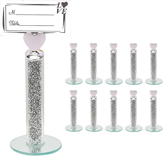 TACIDON 10Pcs Heart Table Number Holders with 10Pcs Table Numbers, Glamorous Crystal Crushed Diamond Place Card Holder, Table Card Holders for Home Wedding Dinner Party Events Decoration (Silver)