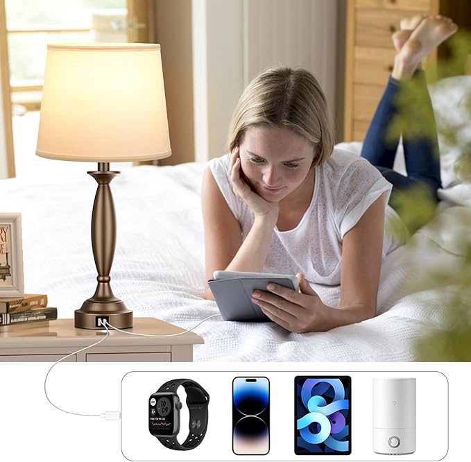 White Brown Lamps for Bedrooms Set of 2 - Touch Control Bedside Lamp with USB C+A, 3 Way Dimmable Nightstand Lamps with USB Port, Table Lamp for Living Room(White Shade and Brown Base)