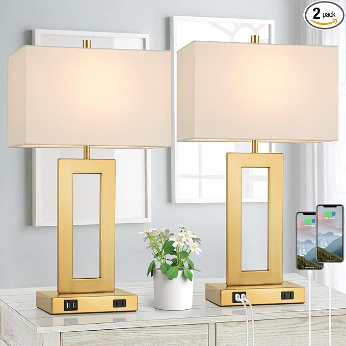 22’’ Table Lamps for Bedrooms Set of 2, Gold Bedside USB Desk Lamp with AC Outlet, Touch Control Modern Vintage Living Room Table Lamp for Nightstand End Table, 3-Way Dimming with 2 E26 Edison Bulbs