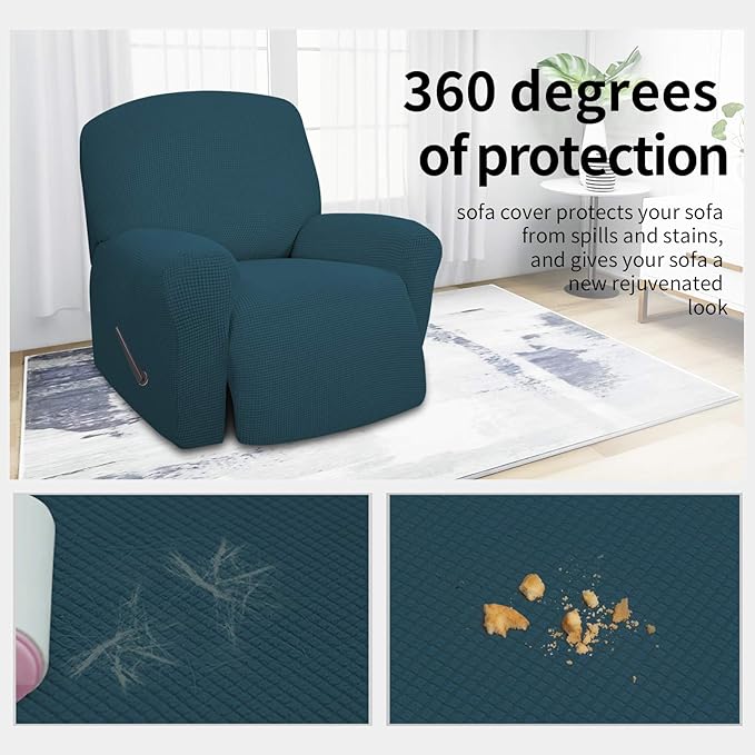Easy-Going 4 Pieces Oversized Recliner Stretch Sofa Slipcover Sofa Cover Furniture Protector Couch Soft with Elastic Bottom Polyester Spandex Jacquard Fabric Small Checks DeepTeal,X-Large
