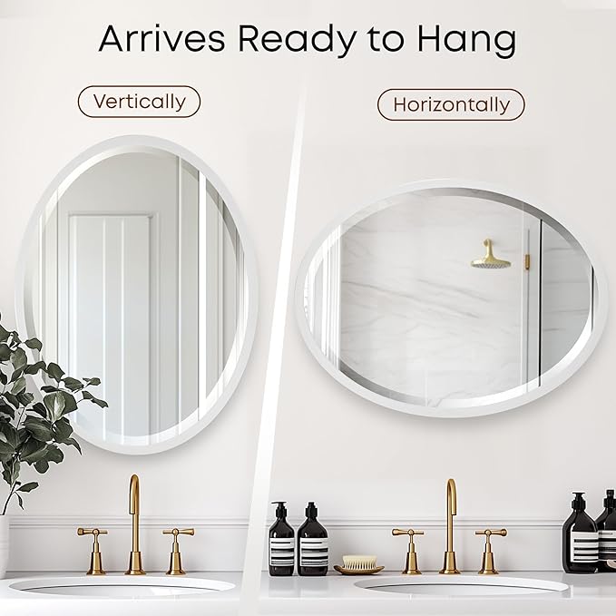 OVALCREST - Oval Wooden Beveled Wall Mirror for Home Decor, Bathroom, Vanity, Bedroom, Living Room, Hallway - London Style (Linen White) 19.1 x 25.1