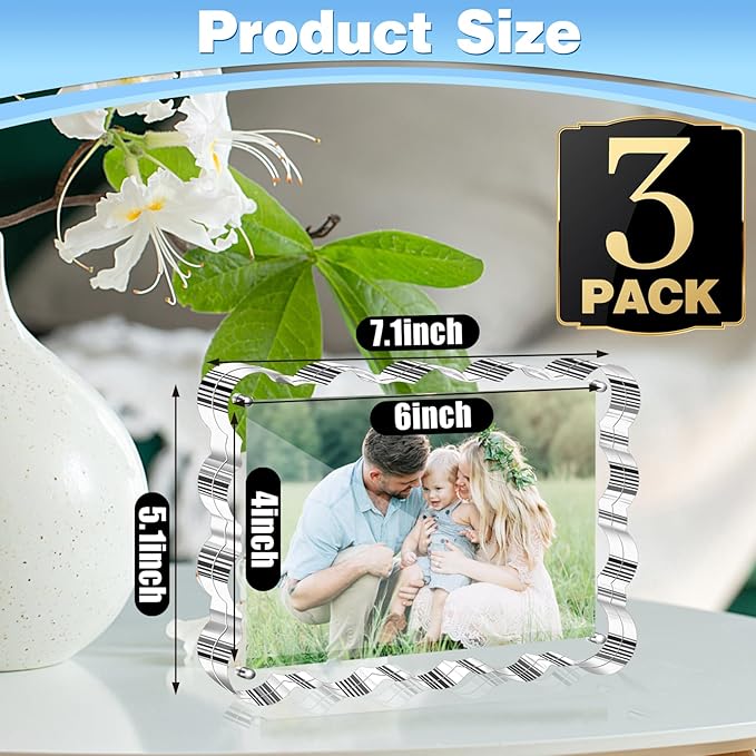 Aheroi 4x6 Acrylic Picture Frames, 3 Pack Clear Scalloped Acrylic Photo Frame Freestanding Magnetic Picture Frames for Desktop, Transparent Thickened Double Sided Picture Frame, Exclusive Shape Design