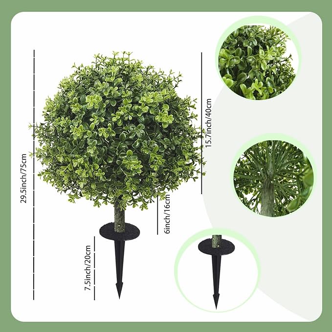 Set of 2 Artificial Boxwood Topiary Ball Trees for Outdoor with Ground Spike 29.5", UV Resistant Faux Greenery Shrubs, Fake Plants for Garden, Porch, Patio Valentine's Day Decor