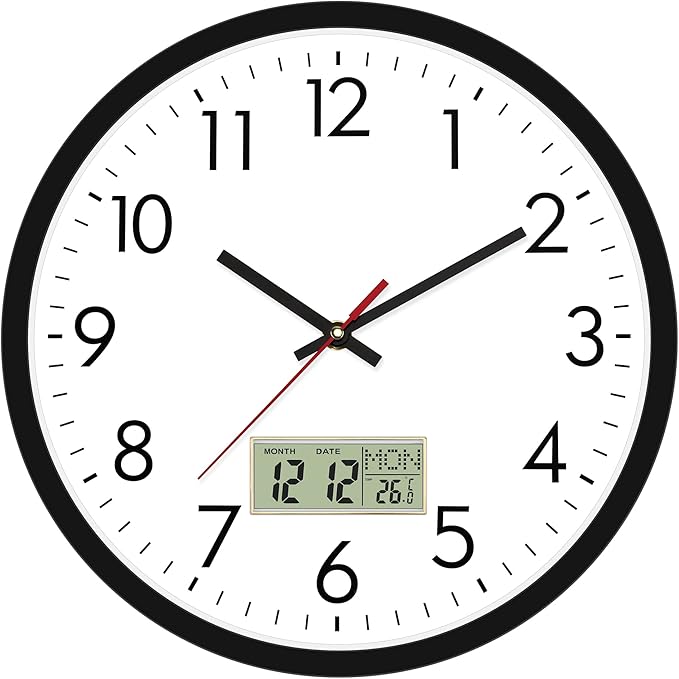 Lumuasky Wall Clock Digital 12" Non-Ticking Silent Battery Operated Analog with LCD Display for Perpetual Calendar and C° Temperature, Ideal Modern Home, Bedroom, Kitchen, Office Decor