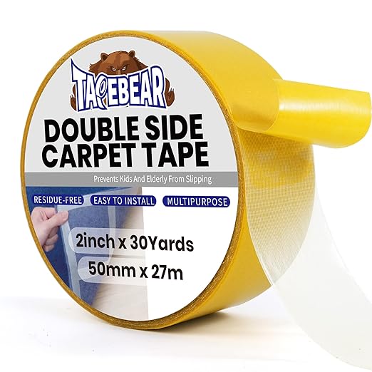 TAPEBEAR Carpet Tape Double Sided 2Inch x 30Yards, Heavy Duty Rug Gripper Anti Slip Anti Curling Floor Tape Residue-Free, Two Sided, Removable, Waterproof for Area Rugs, Mats, Strong Hold for Tile