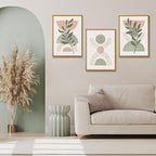 Bwodke Boho Wall Art, Framed Abstract Wall Art, Green Botanical Neutral Canvas Wall Decor, Large Mid Century Plant Pictures Set of 3, Modern Minimalist Paintings, for Bedroom Living Room Bathroom