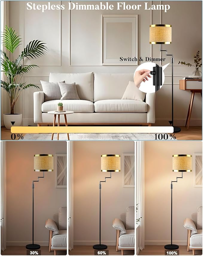 Lightdot 70IN Black Floor Lamp Dimmable Linen Shade LED Floor Lamps with 3000K for Wedding/Party,350 Degree Swing Arms, Modern Tall Lamp for for Reading, Sewing, and Craft (Bulbs Included)