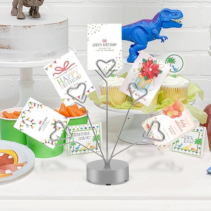 Desktop Heart-Shaped Photo Tree Style Holders Round Base,5-Branch Family Picture Frame Clips Holder Desk Card Display Stand for Christmas,Wedding, Birthday Party,Gift Silver