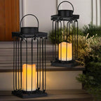 Solar Lantern Decorative Outdoor Set of 2 (18’’ & 15’’) Modern Black Metal Lanterns with Solar Candles, Decorative Candle Lanterns for Outdoor Porch, Patio, Garden, Yard Decor