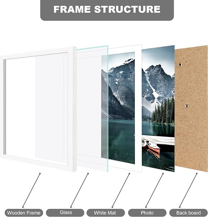 11x15 Picture Frame with Real Glass - Display Pictures 10x14 with Mat or 11 x 15 without Mat, Wall Collage Photo Frame set(White, 1 Pack)